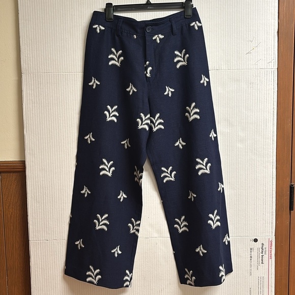 Elie Tahari Navy Blue/W Cream Colored Embroidered Palm Trees Wide Leg Size 10 - Picture 14 of 14